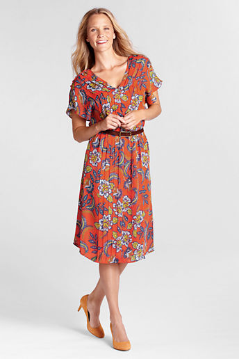 Women's Regular Short Sleeve Pattern Georgette Pintuck Dress - Rich Persimmon Floral, 14