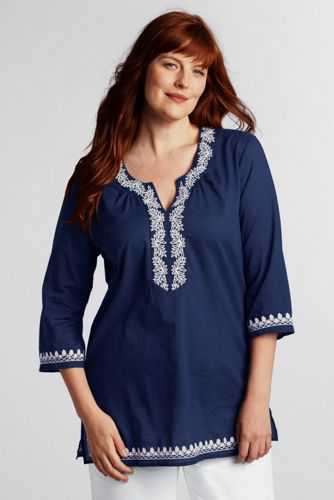 Women's 3/4-sleeve Embroidered Splitneck Tunic