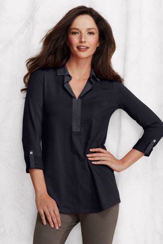 Women's 3/4-sleeve Lightweight Cotton Modal Johnny Collar Tunic