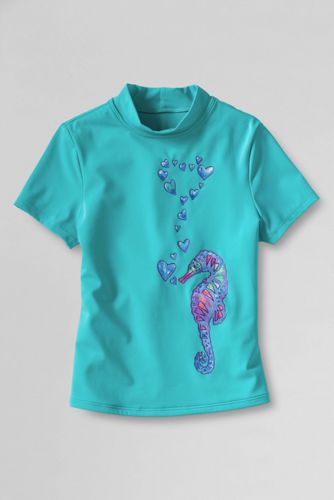 Girls' Short Sleeve Mockneck Seahorse Graphic Rash Guard
