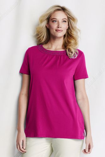 Women's Plus Size Short Sleeve Open Boatneck Beaded Tunic