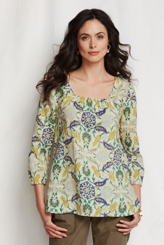 Women's 3/4-sleeve Print Linen Squareneck Tunic