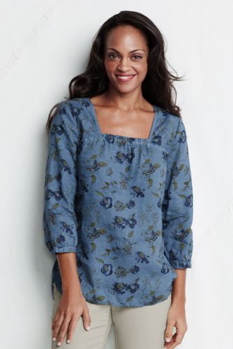 Women's Three-quarter sleeve Square Neck Patterned Linen Tunic