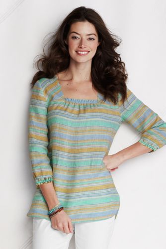 Women's 3/4-sleeve Print Linen Squareneck Tunic