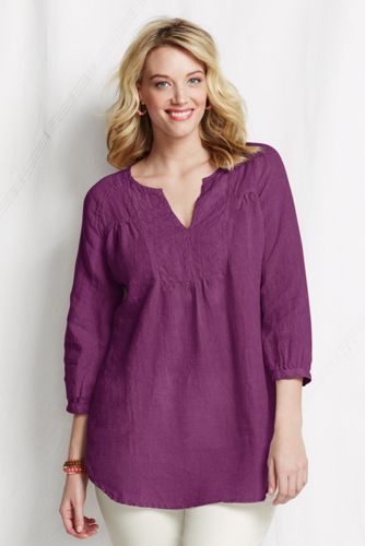 Women's Plus Size Yoke Front Linen Splitneck Tunic Top