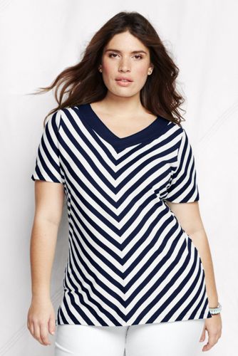 Women's Plus Size Short Sleeve Lightweight Jersey V-neck Stripe Tunic