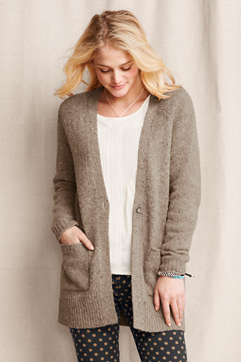 Women's Merino Blend Long Cardigan  - Beige Donegal