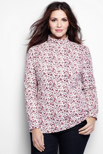 Women's Plus Size Relaxed Cotton Mock - Ivory Multi Floral