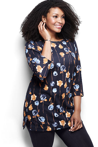 Women's Plus Size Starfish Boatneck Tunic Top - True Navy Watercolor Floral