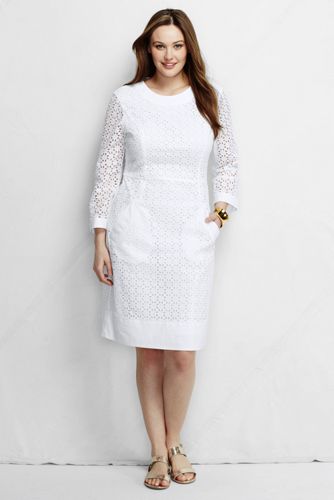 Women's Plus Size Elbow Sleeve Eyelet Shift Dress - White