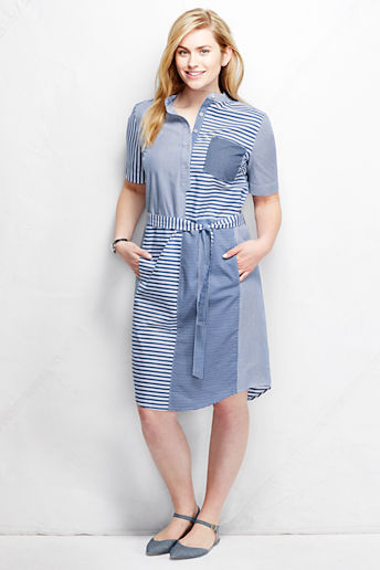 Women's Plus Size Short Sleeve Shirtdress - Stripe Mix - Coastal Cobalt Multi Stripe