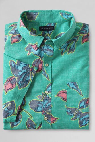 Men's Traditional Fit Short Sleeve Festival Reverse Print Chambray Shirt - Indian Emerald Floral