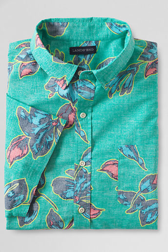 Men's Traditional Fit Short Sleeve Festival Reverse Print Chambray Shirt - Indian Emerald Floral