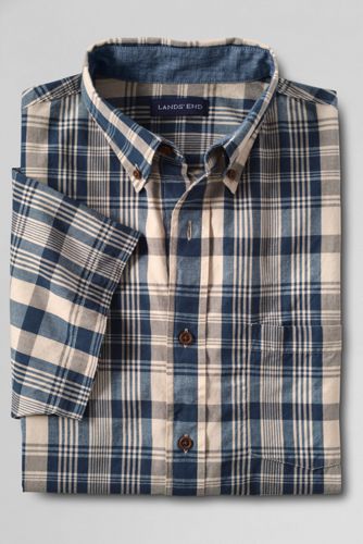 Men's Traditional Fit Short Sleeve Buttondown Madras Shirt - Harbor Blue Plaid