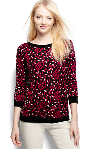 Women's Supima 3/4 Sleeve Jacquard Sweater - Deep Scarlet Floral