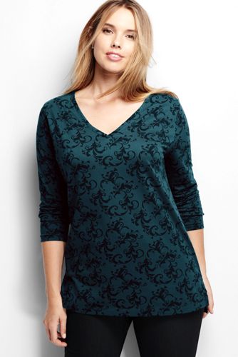 Women's Plus Size Supima V Neck Tunic Top - Evening Teal Foulard