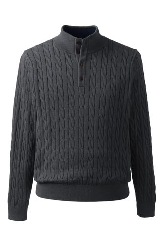 Men's Fine Gauge Cotton Cable Button Mock Sweater - Charcoal Heather