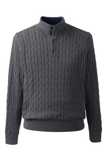 Men's Fine Gauge Cotton Cable Button Mock Sweater - Charcoal Heather