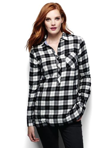 Women's Flannel Tunic Top - Ivory/Black Plaid