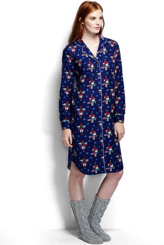 Women's Patterned Flannel Nightshirt - Patriot Blue Present Trees