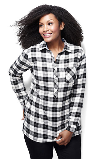 Women's Plus Size Flannel Tunic Top - Ivory/Black Plaid