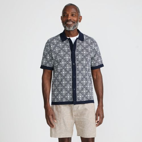 Men's Short Sleeve Tile Jacquard Button Down Sweater Polo | Lands' End