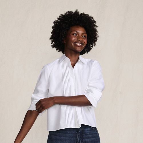 トップス CLANE PINTUCK CROPPED BLOUSE Women's Boxy Cropped No Iron Pintuck Shirt | Lands' End