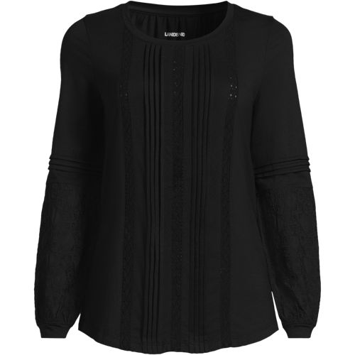 Women's Lightweight Jersey Lace Mix Long Sleeve Pintuck Top
