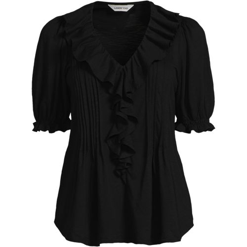 Women's Puff Sleeve Slub Ruffle Pintuck Top | Lands' End
