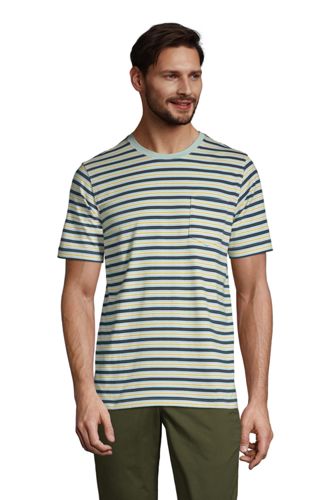 【ランズエンド LANDS' END】メンズ・スーパーT／ストライプ／ポケット付き／半袖/XS/グリーン