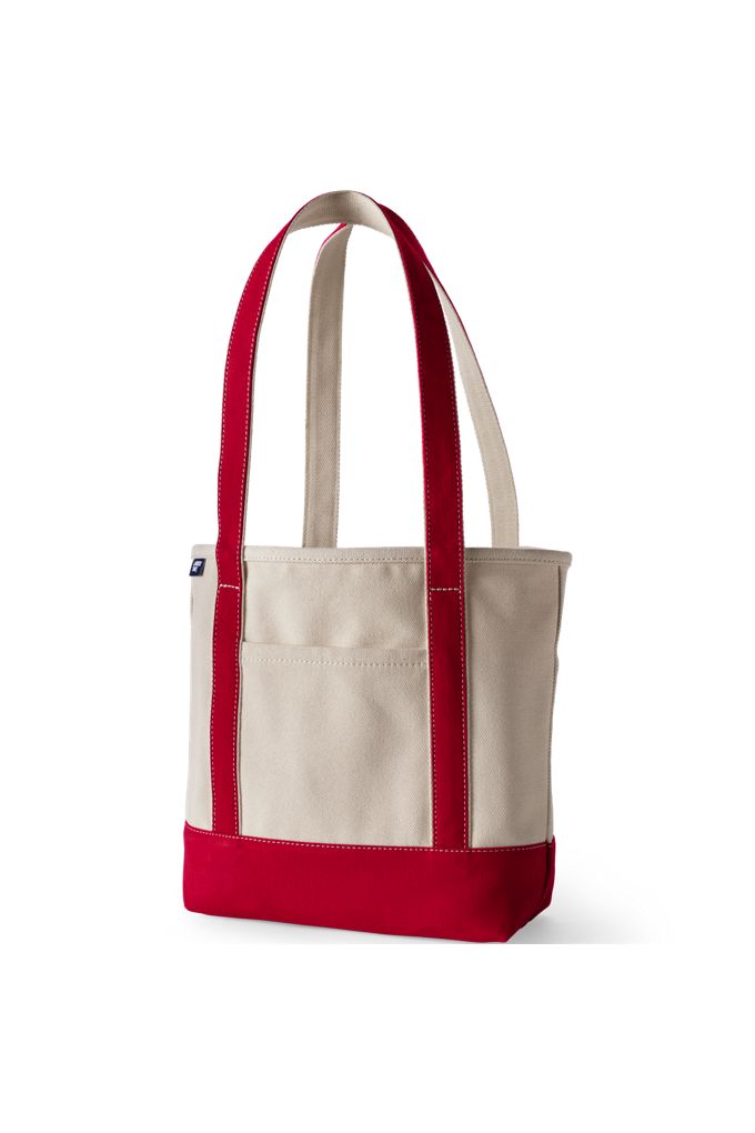 Medium Natural 5 Pocket Open Top Long Handle Canvas Tote Bag - Lands' End - Red