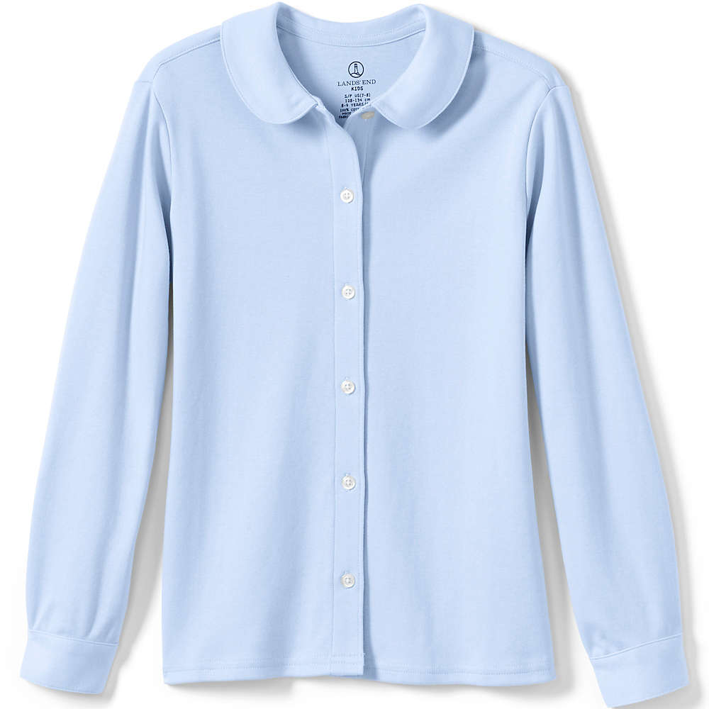 School Uniform Little Girls Long Sleeve Button Front Peter Pan Collar Knit Shirt, Front