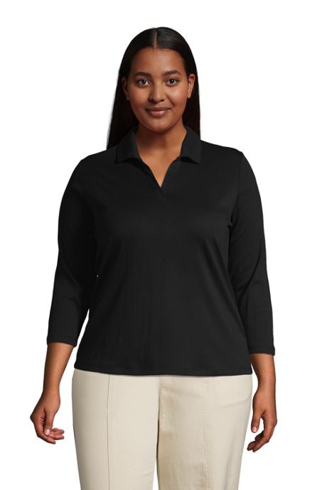 Women's Plus Size Polyester 3/4 Sleeve Interlock Johnny Collar, Size Polo Shirts, Cute Polyester Polos