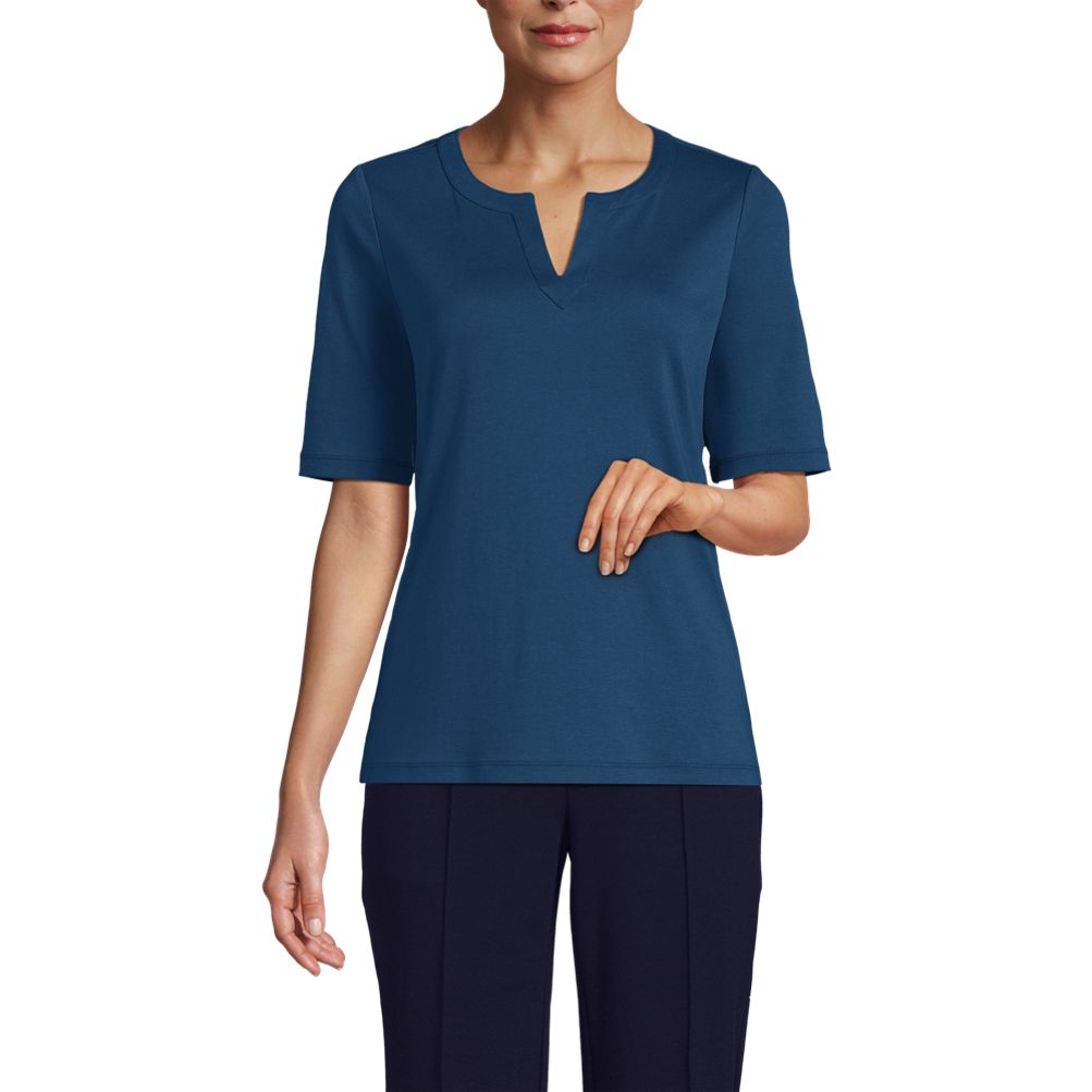 売れ筋商品|||ランズエンド カットソー トップス レディース Plus Size Cotton Polyester Modern Half Sleeve Splitneck Teal shadow Lands' End Women's Cotton Polyester Modern Half Sleeve