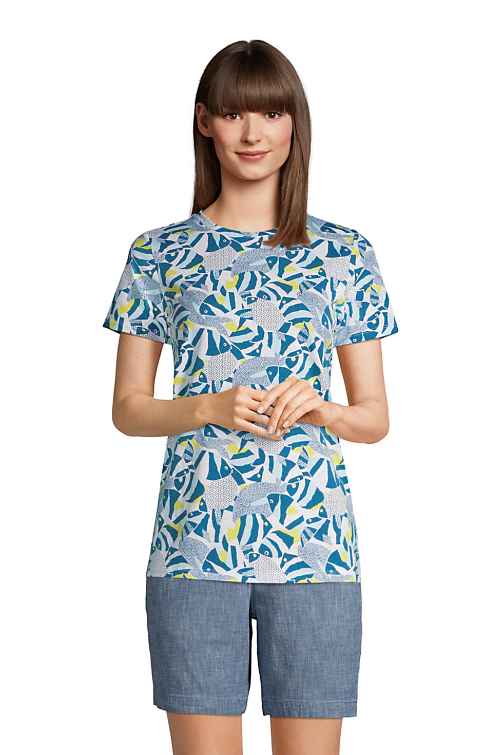 Lands End Women's Relaxed Supima Cotton Short Sleeve Crewneck T-Shirt (Baltic Teal Angel Fish)