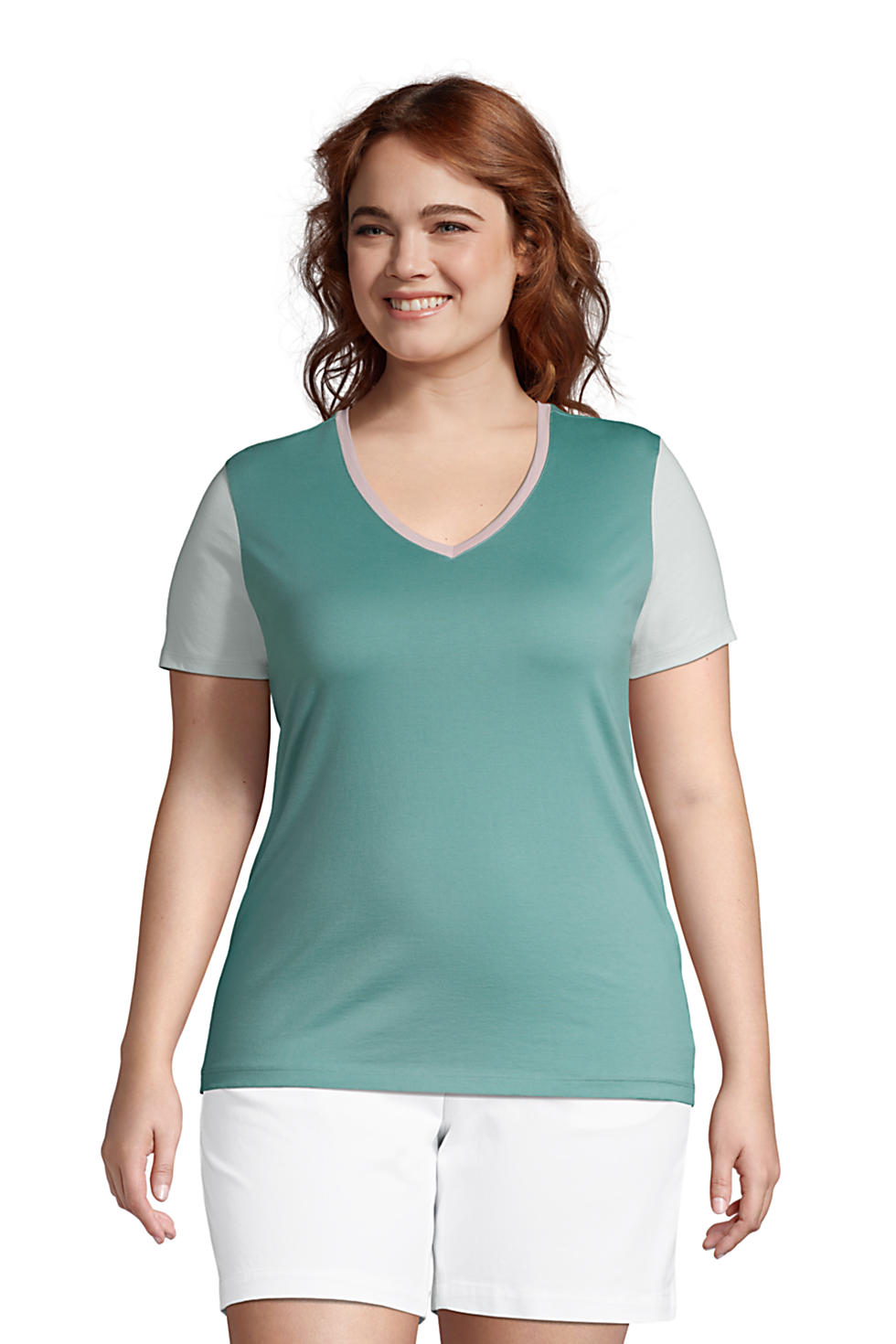 Lands End Women's Plus Size Relaxed Supima Cotton Short Sleeve V-Neck T-Shirt (Teal Shadow Colorblock)