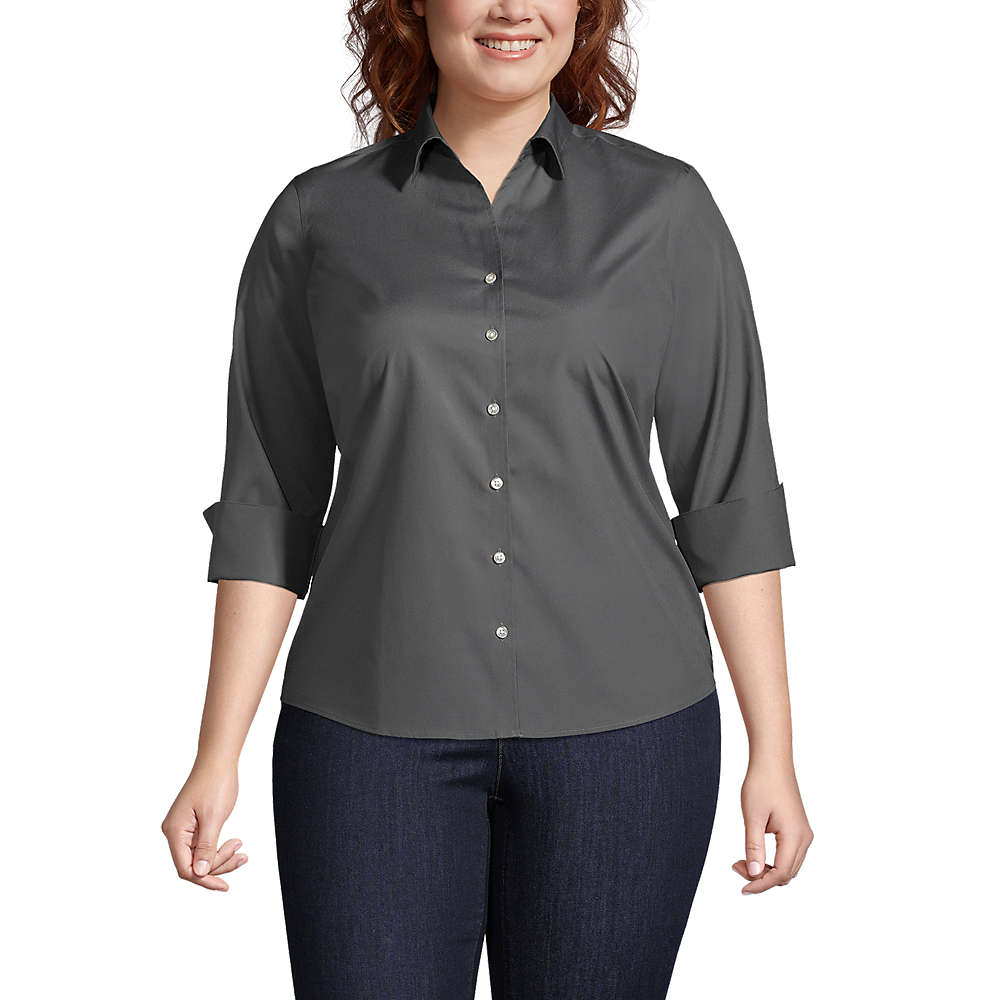 Women's Plus Size 3/4 Sleeve No Iron Broadcloth Shirt, Front