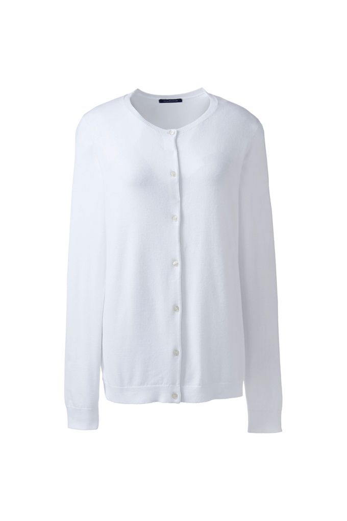 Lands' End Women's Tall Long Sleeve Performance Fine Gauge Button Front Crew Cardigan Sweater In White