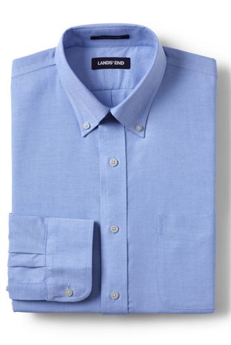【ランズエンド LANDS' END】メンズ・ノーアイロン・スーピマ・オックスフォード／無地／ボタンダウン／スリムフィット／長袖/S/ブルー