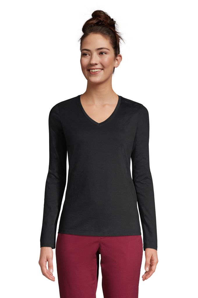 Lands Endwomens Relaxed Supima Cotton Long Sleeve V Neck T Shirt Lands End Black L 5679