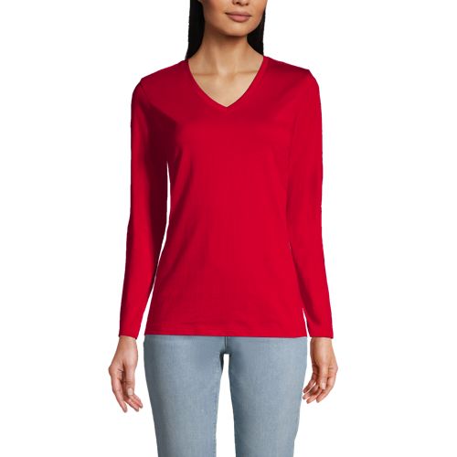 Supima Long Sleeved T-shirt, Women, Size: 14-16 Regular, Red, Cotton, by Lands’ End