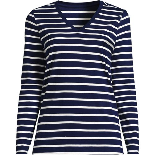 Supima Long Sleeved V-neck T-shirt, Women, size: M, regular, Blue, Cotton, by Lands' End