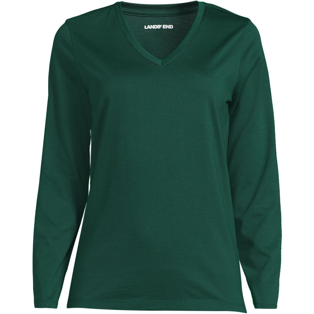 Supima Long Sleeved V-neck T-shirt, Women, size: S, petite, Green, Cotton, by Lands' End