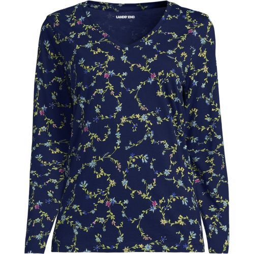 Supima Long Sleeved V-neck T-shirt, Women, size: S, regular, Blue, Cotton, by Lands' End