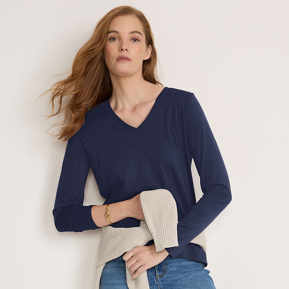 Supima Long Sleeved V-neck T-shirt, Women, size: L, petite, Blue, Cotton, by Lands' End
