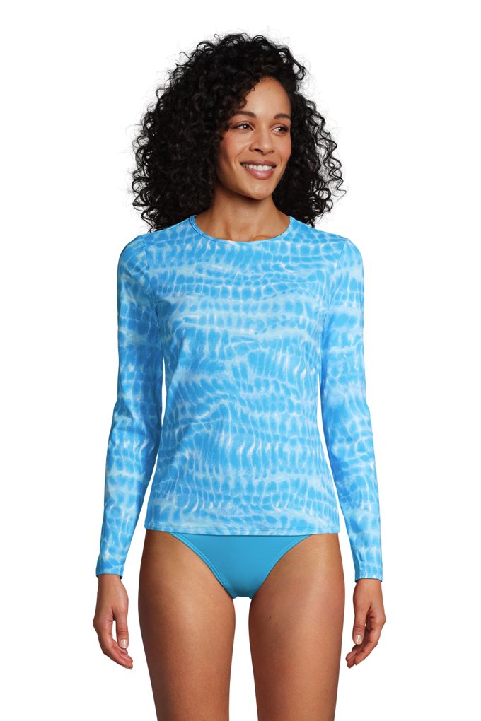 Women S Petite Crew Neck Long Sleeve Rash Guard Upf 50 Sun Protection Modest Swim Tee Print Lands End Blue S On Lands End Ibt Shop