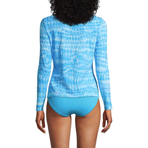 Women's Long Sleeve Rash Guard Swim Shirt Built-In Bra-Blue Leaf