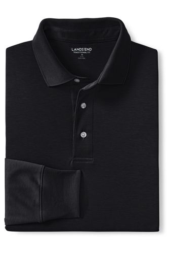 【ランズエンド LANDS' END】メンズ・スーピマ・インターロック・ポロ／米国サイズ／無地／長袖/S/ブラック