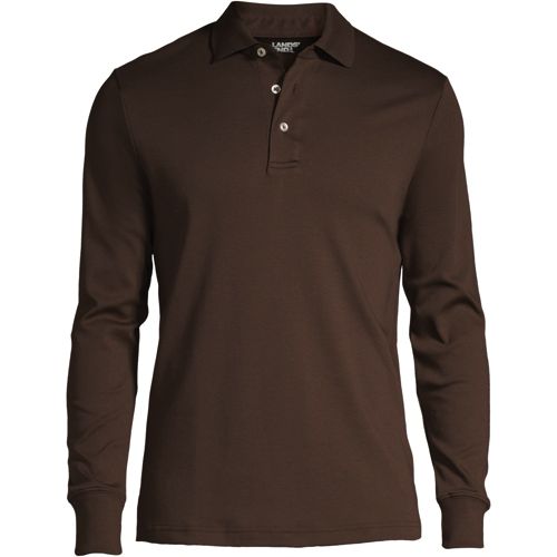 Long Sleeve Supima Polo Shirt, Traditional Fit, Men, size: L, regular, Brown, Cotton, by Lands' End