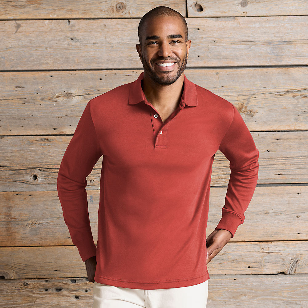 Tall Long Sleeve Supima Polo Shirt, Traditional Fit, Men, size: XXL, tall, Orange, Cotton, by Lands' End